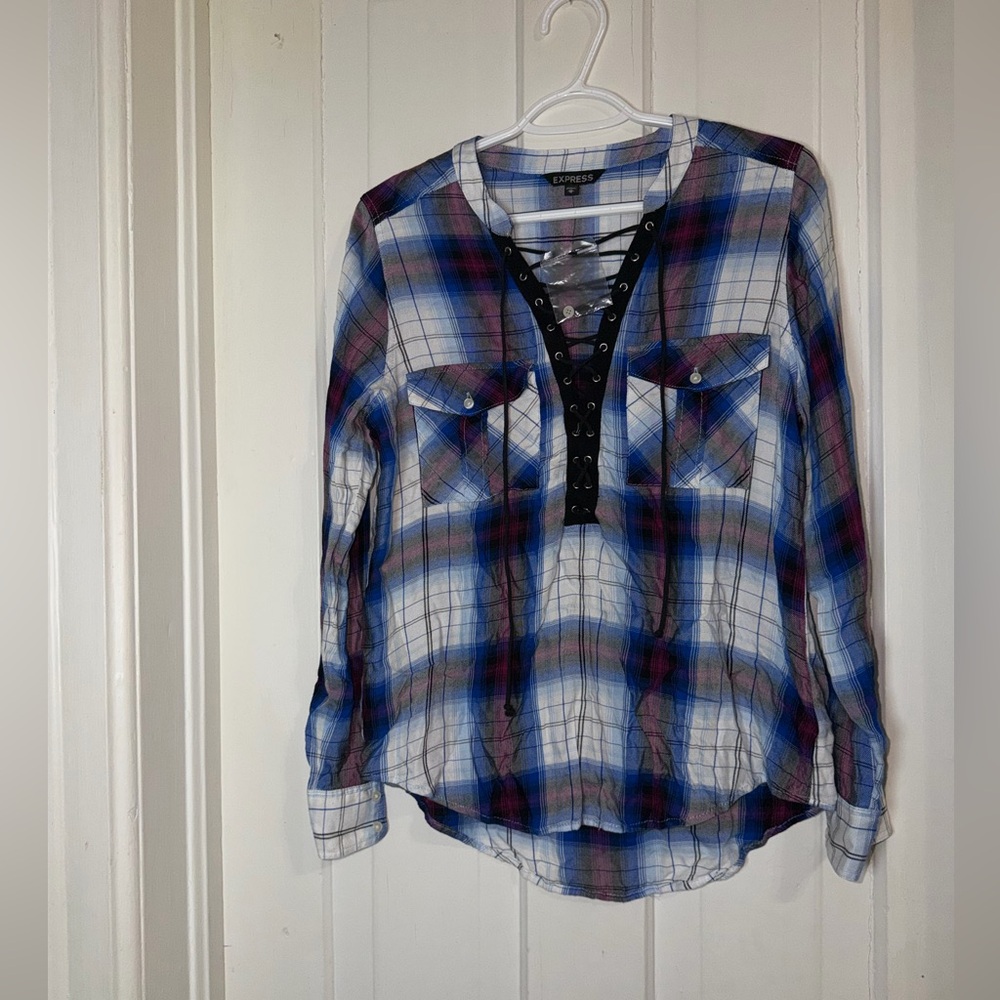 NWOT Express Plaid Lace-Up Shirt in Blue and Purple Womens size medium